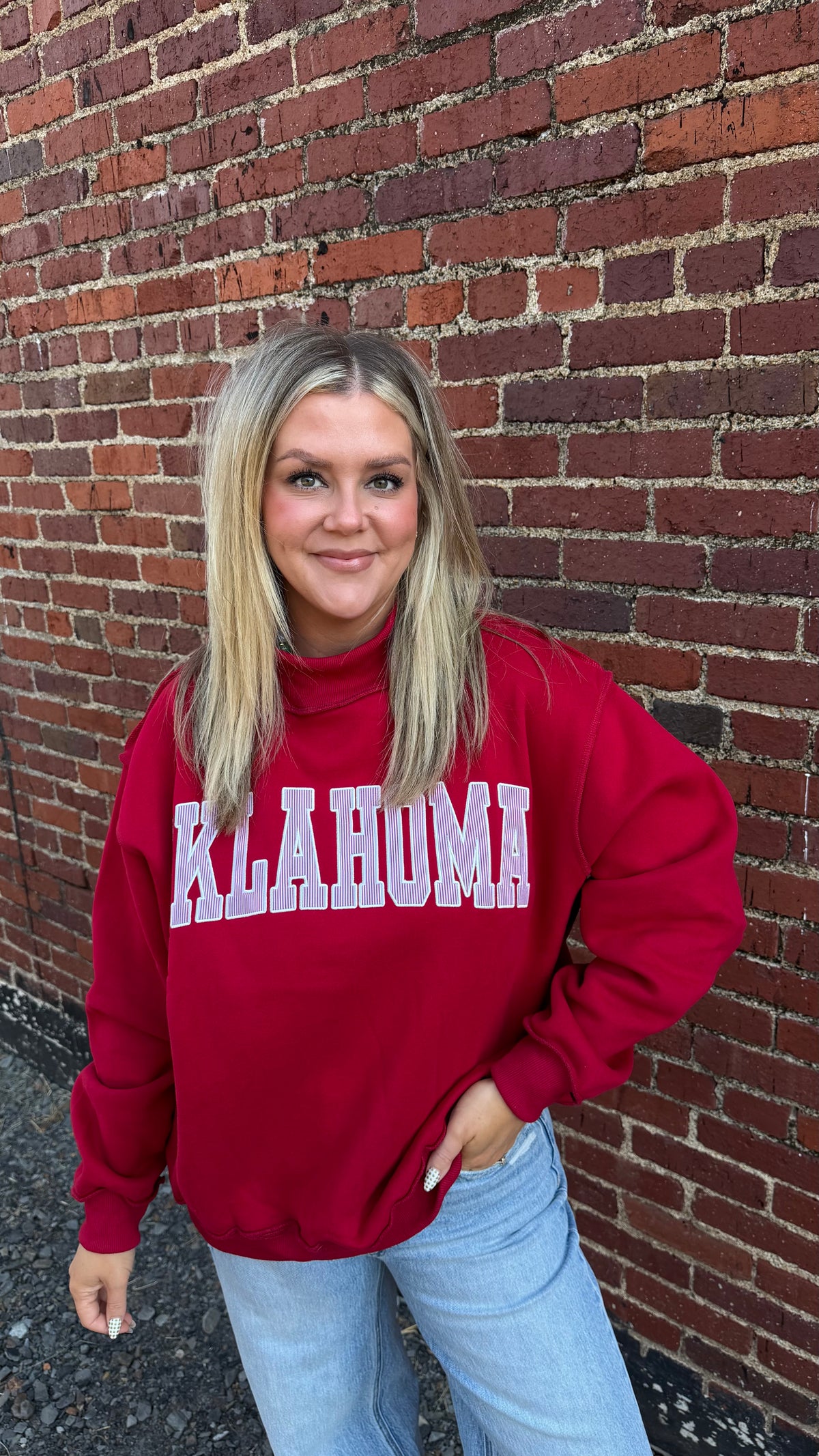 Oklahoma Embroidered Mock Neck - Crimson
