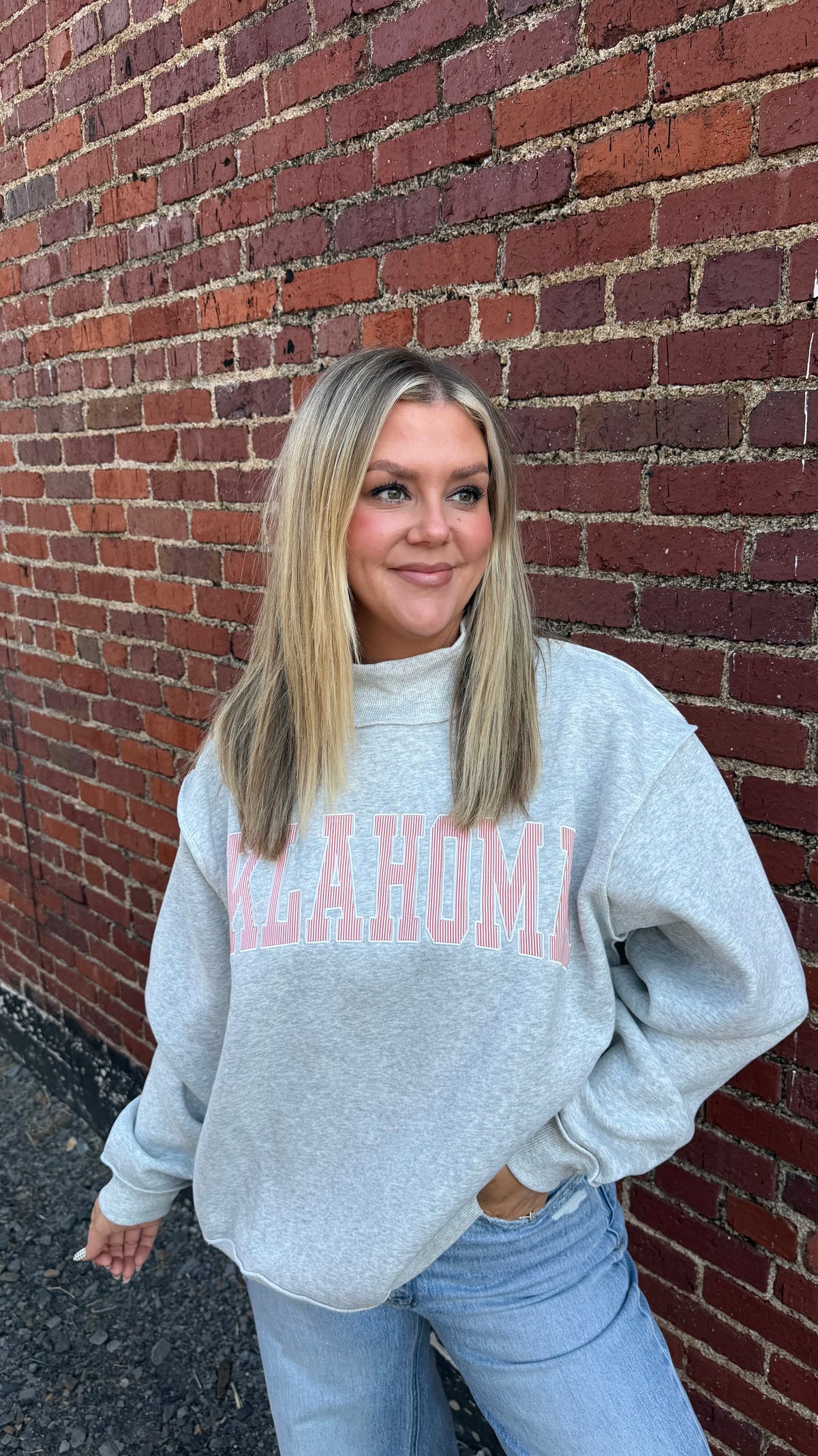 Oklahoma Embroidered Mock Neck - Heather Grey
