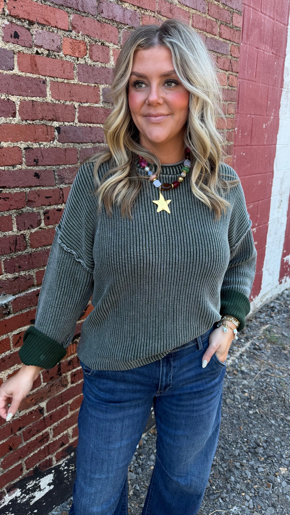 Worn In Ribbed Sweater - Green