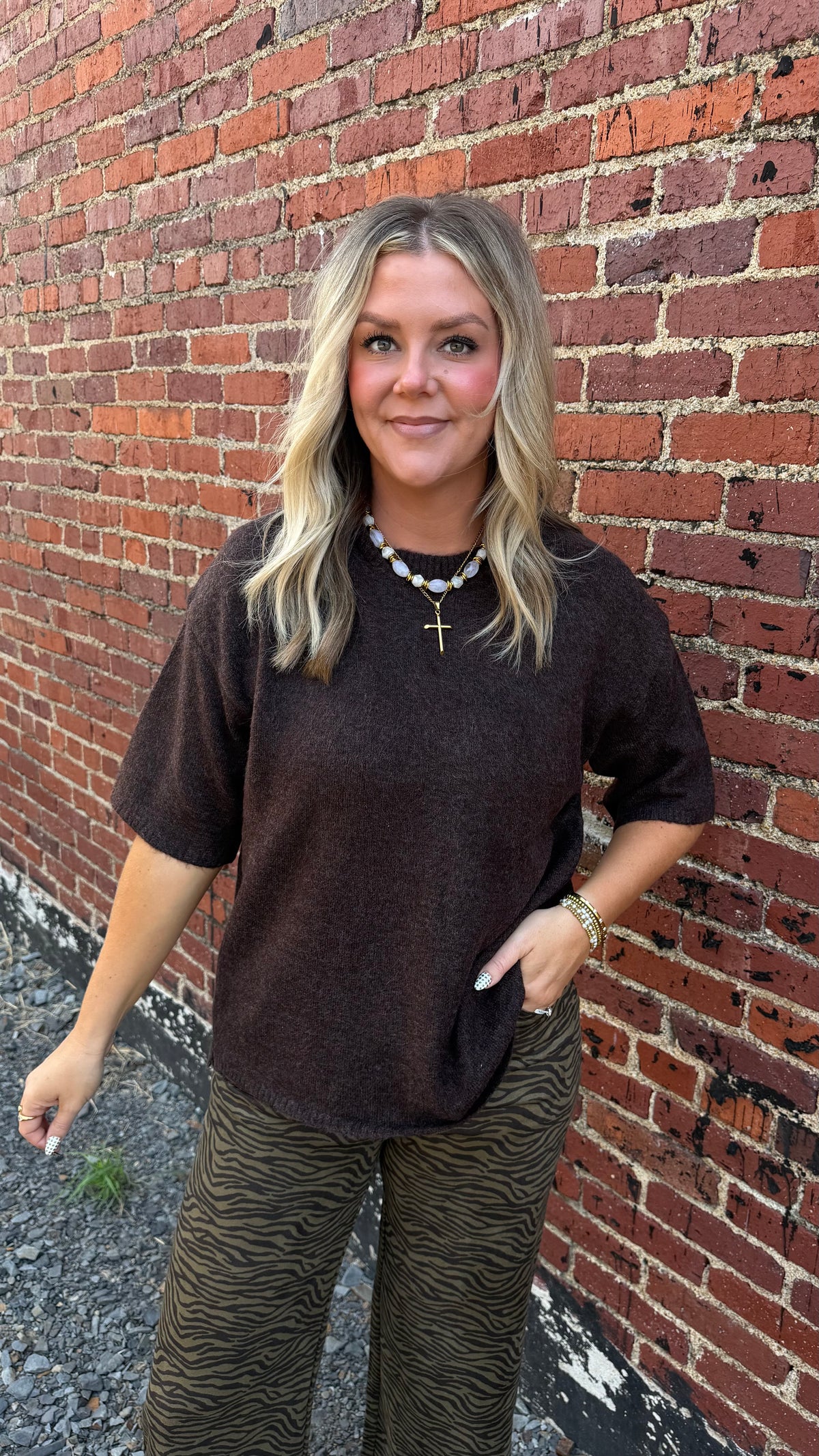Oversized Short Sleeve Sweater - Brown