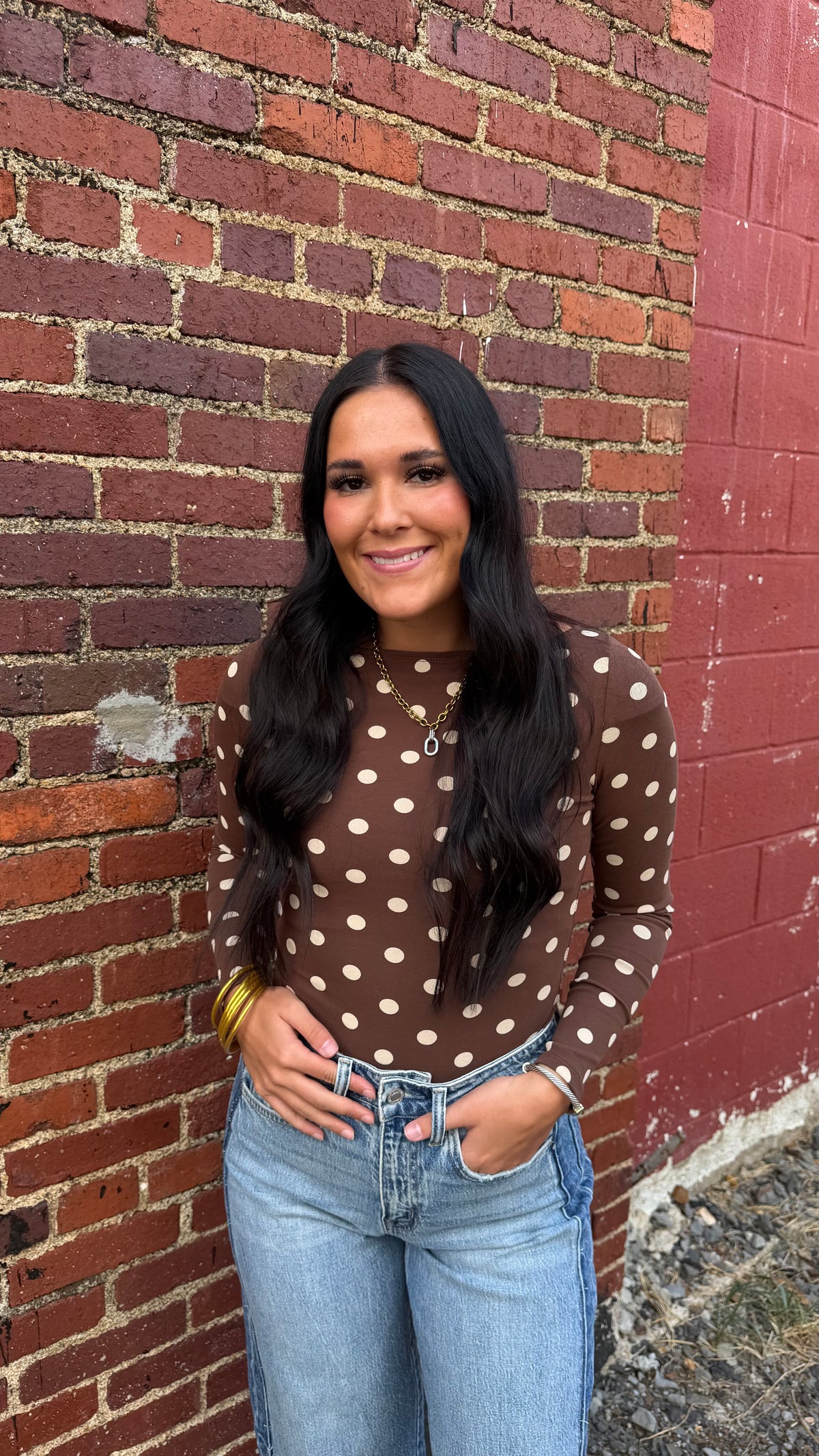 Polka Dot Boat Neck Top - Brown