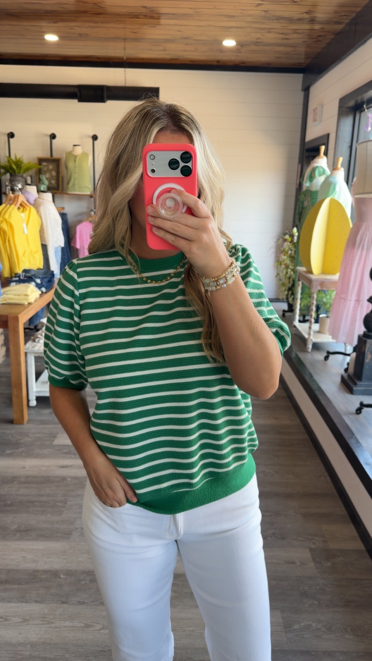 Green Cloudy Knit Striped Top