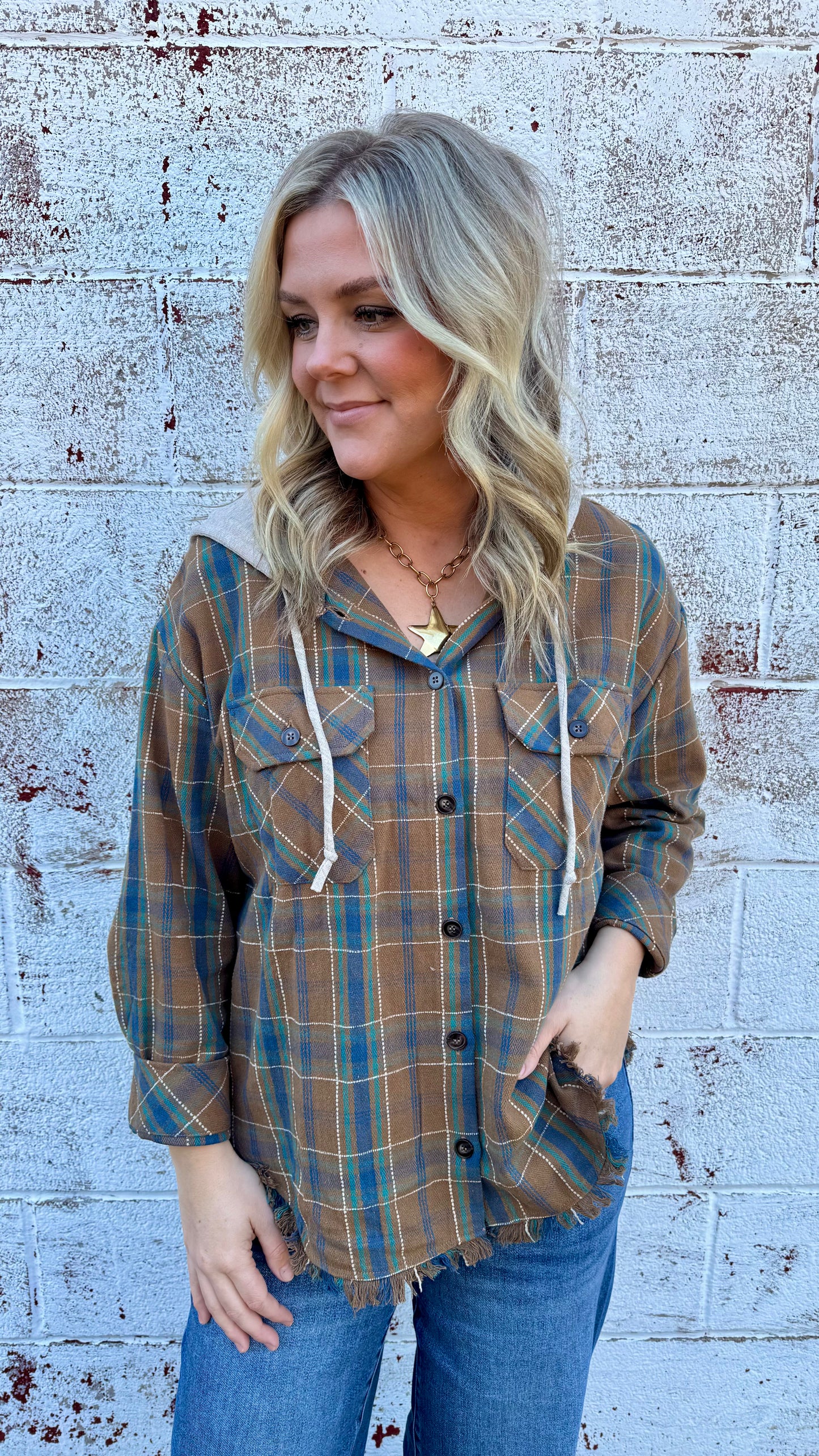 Plaid Hooded Flannel - Brown