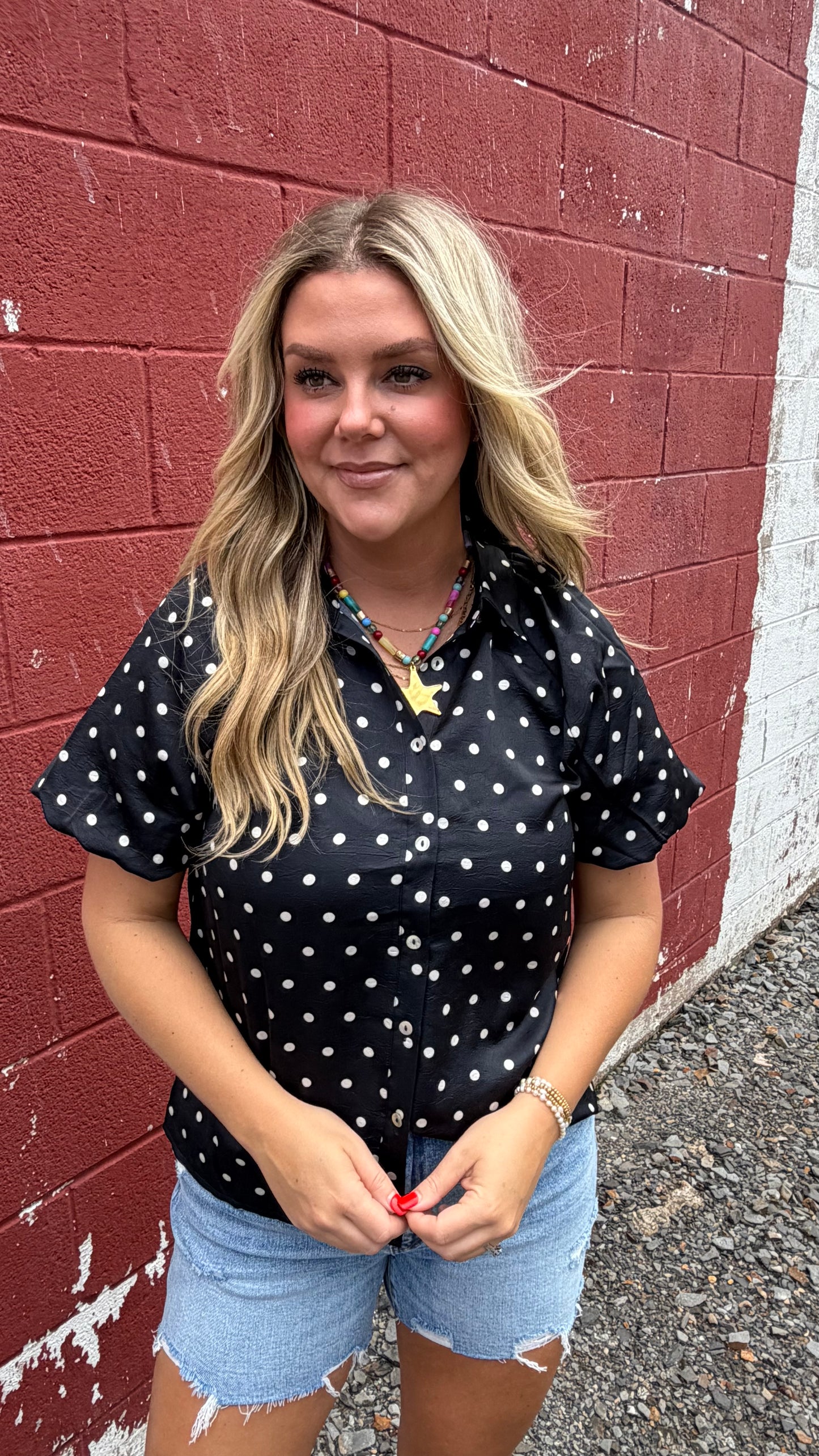 Polka Dot Bubble Sleeve Blouse - Black