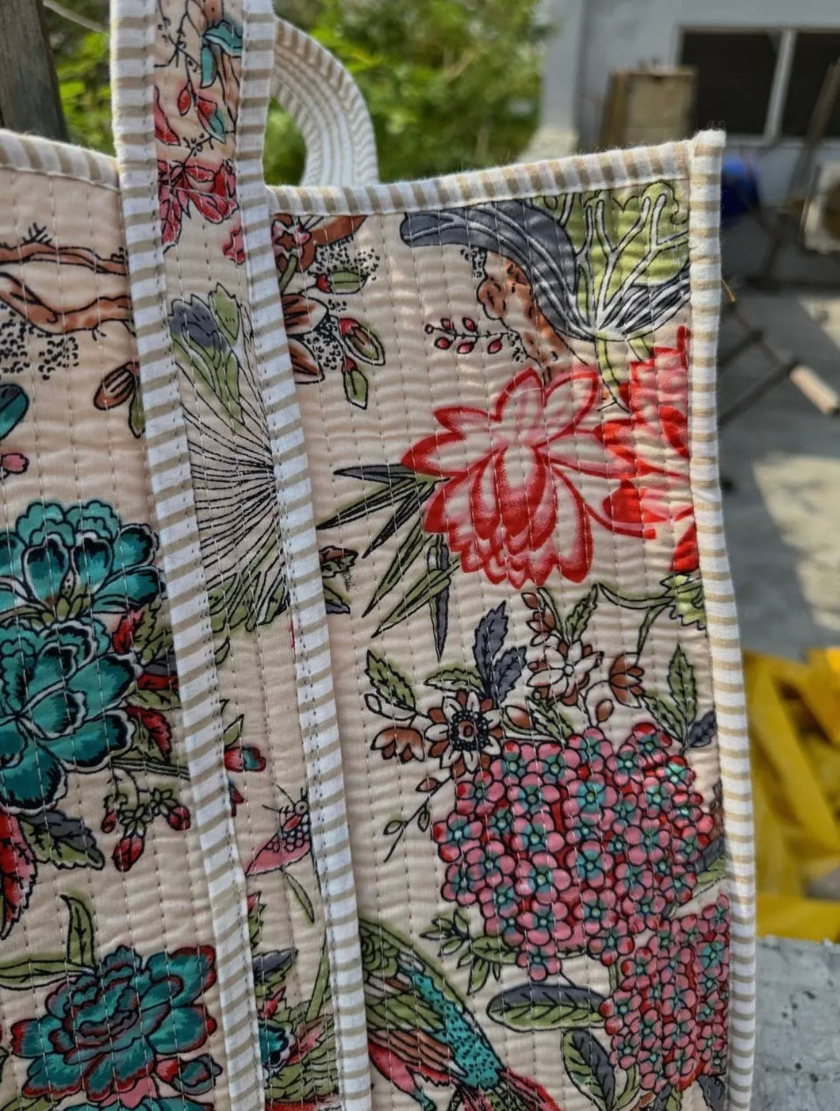 Cream Floral/Bird Quilted Tote