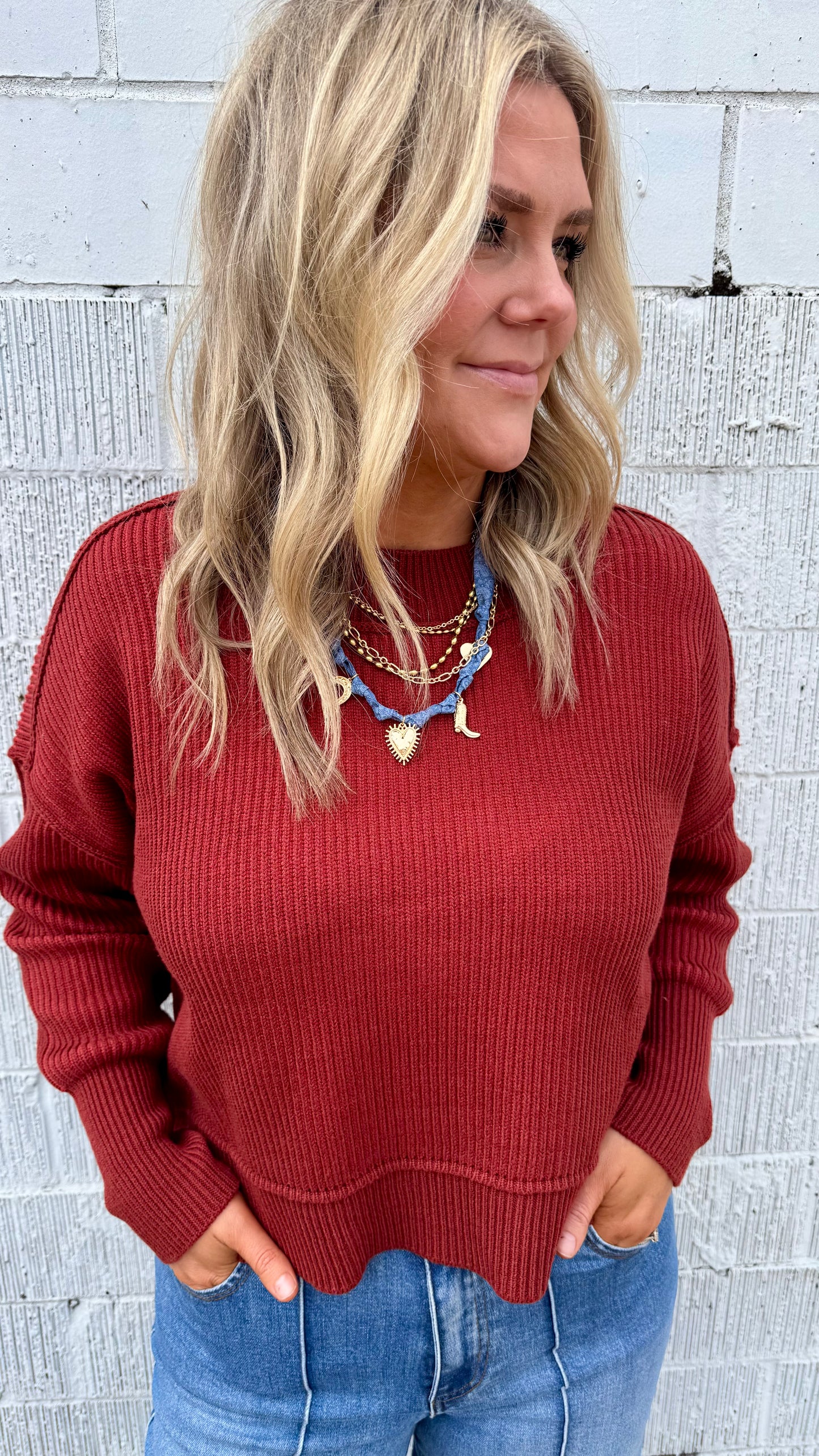 Trish Two Toned Ribbed Sweater - Rust