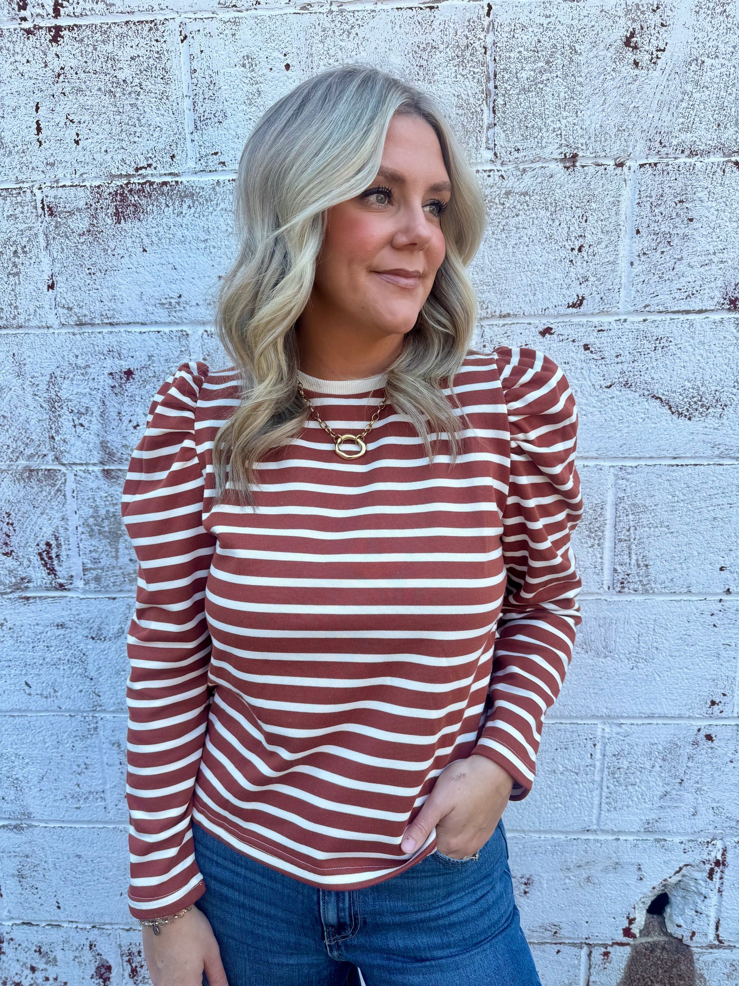 Paula Puff Sleeve Striped Top - Rust
