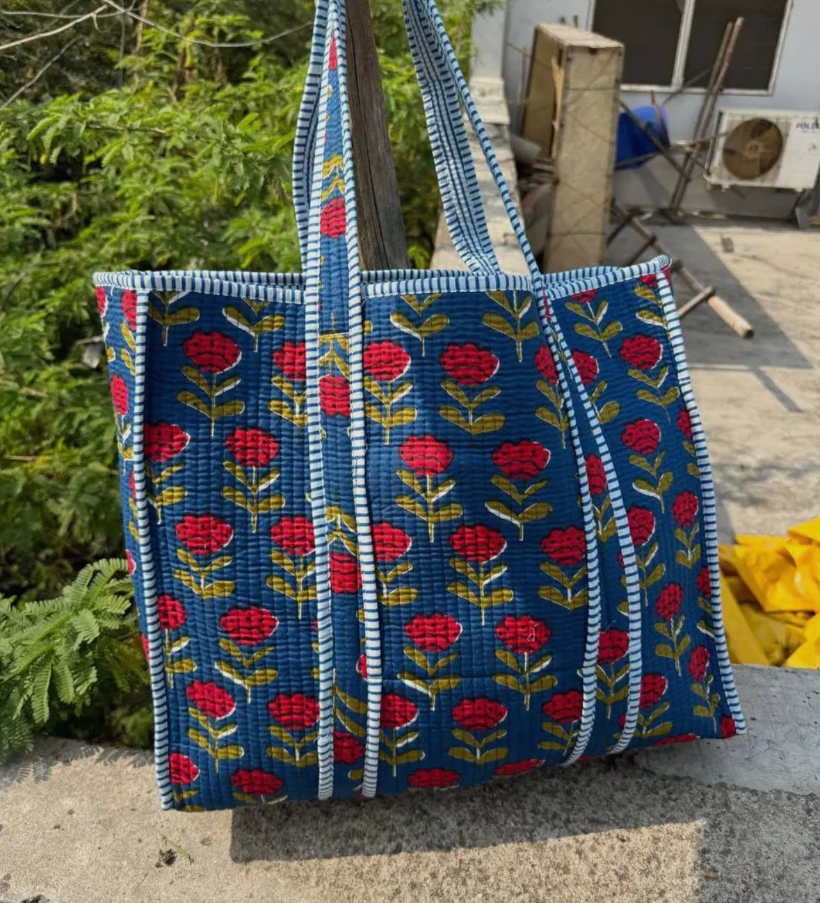 Blue Floral Quilted Tote