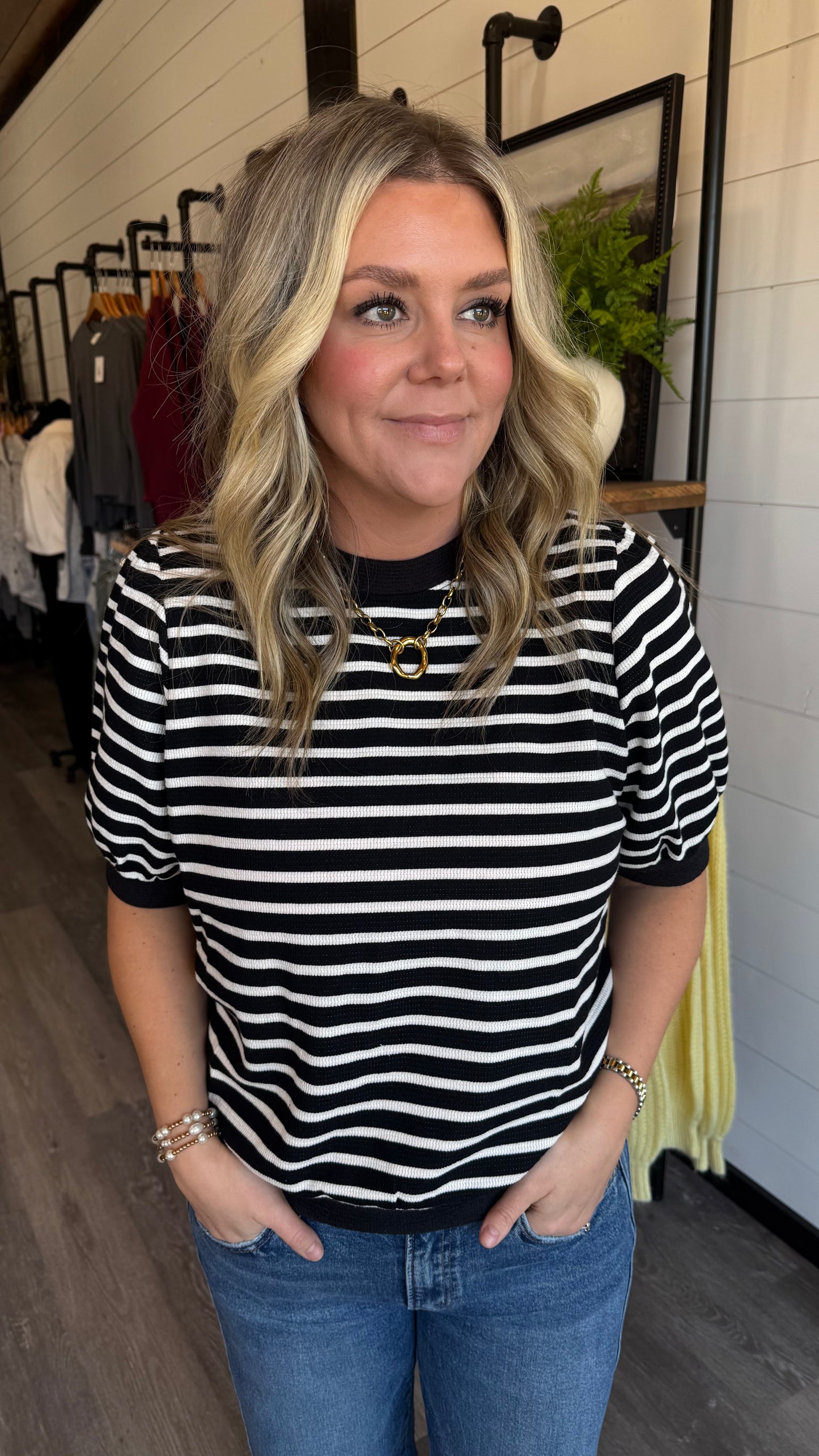 Black Cloudy Knit Striped Top