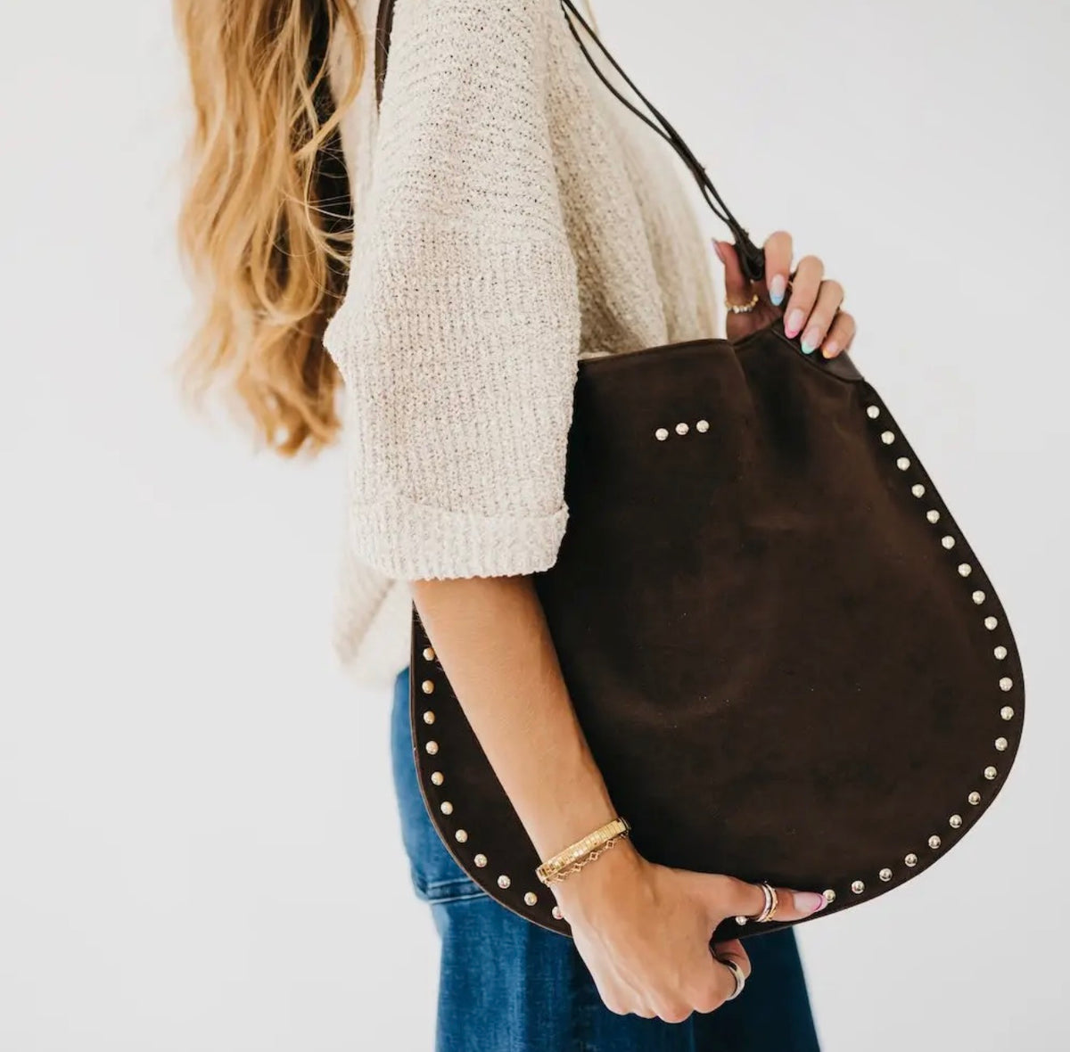 Rivet Suede Hobo Bag - Chocolate