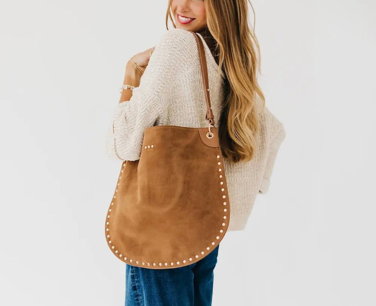 Rivet Suede Hobo Bag - Camel