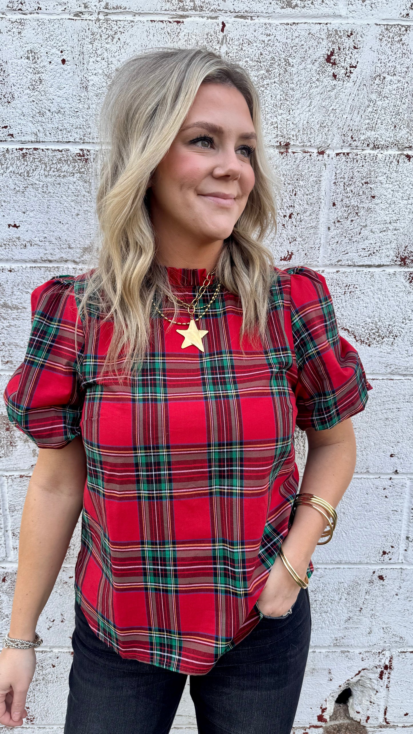 Feeling Festive Plaid Blouse - Red