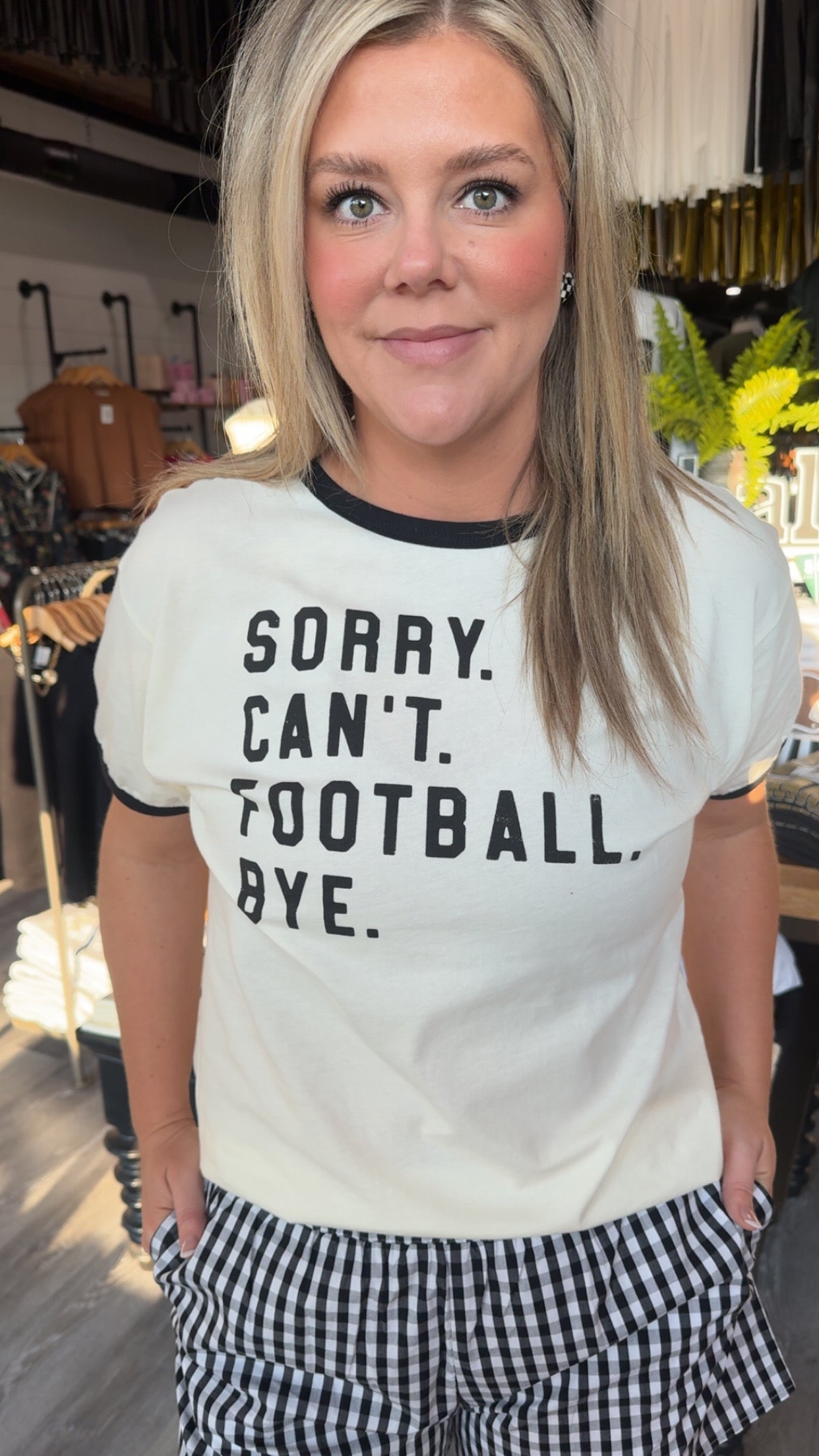 Sorry. Can't. Football. Bye. Tee