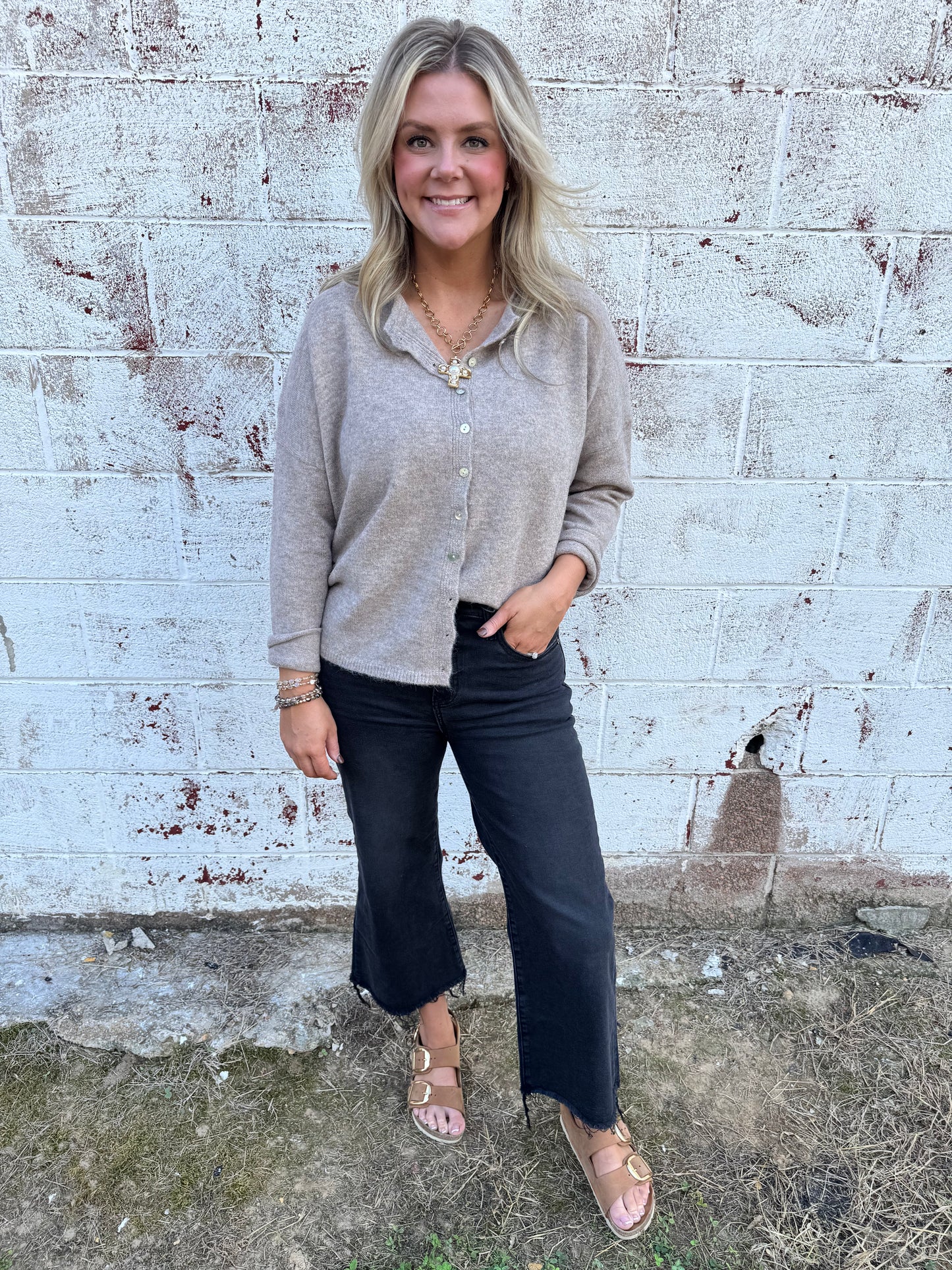 Crew Neck Button Down Cardigan