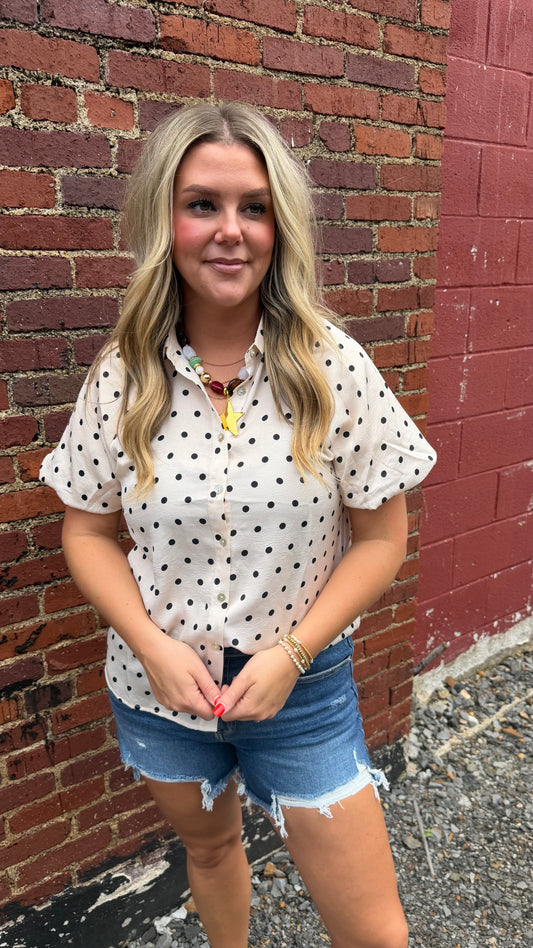 Polka Dot Bubble Sleeve Blouse - Cream