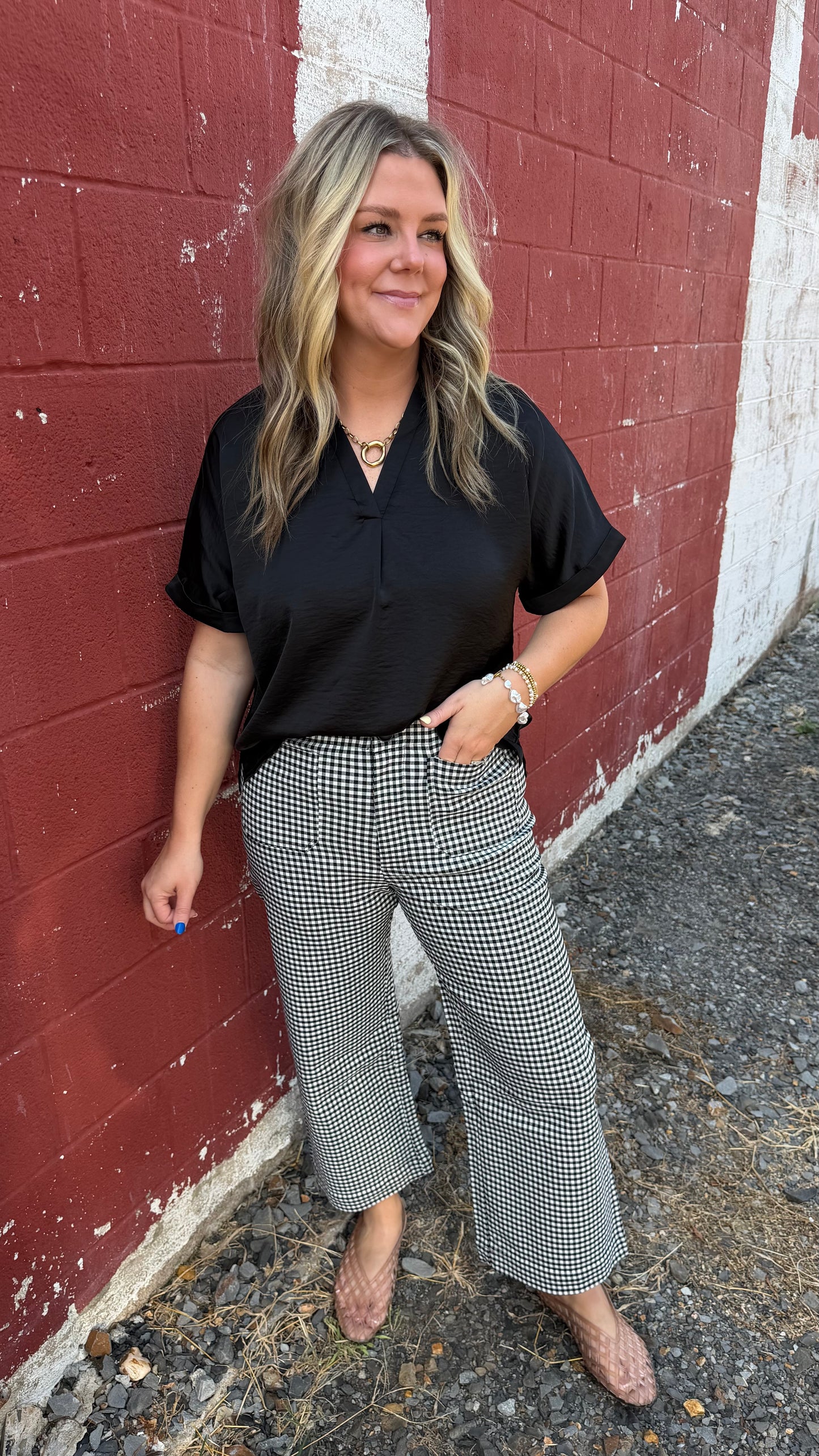 Black Gingham Straight Leg Pants