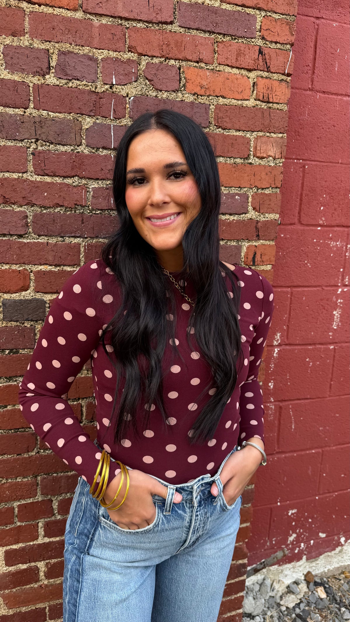 Polka Dot Boat Neck Top - Burgandy