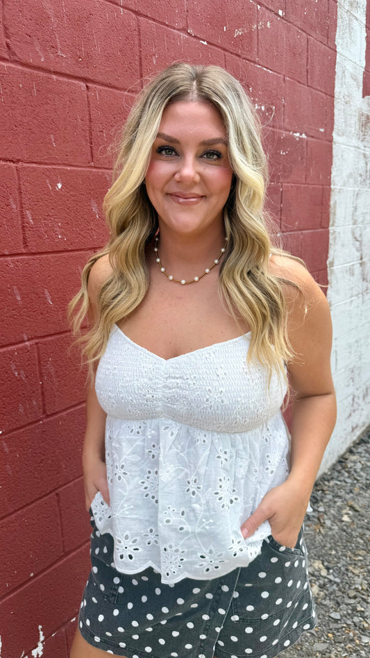 Eyelet Smocked Peplum Top