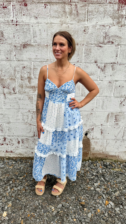 Vintage Florals Midi Dress - Blue