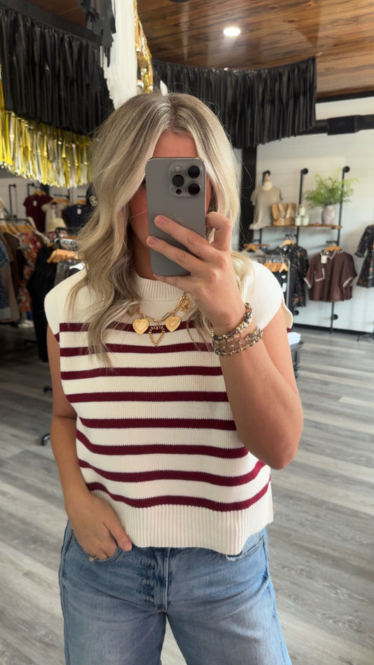Oversized Crew Neck Striped Sweater - Wine