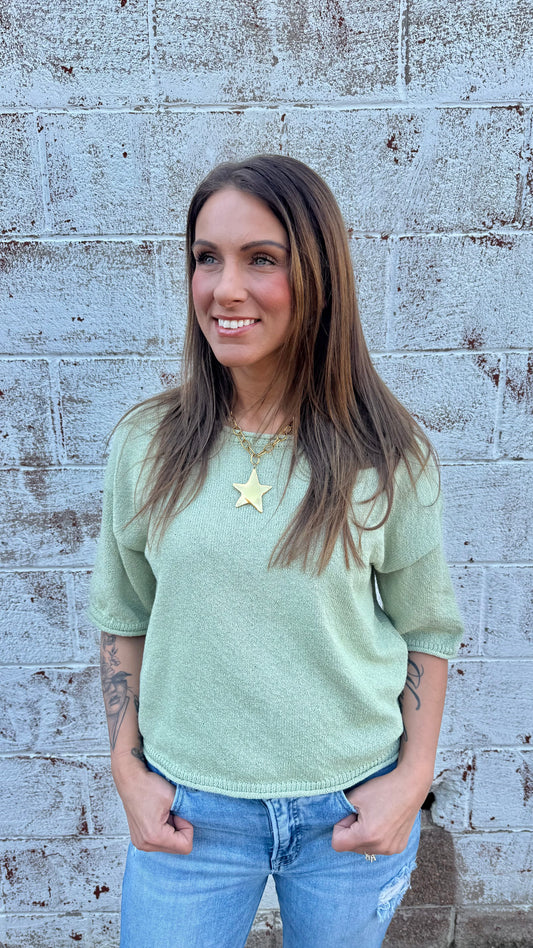 Raw Edge Boxy Cropped Tee - Light Olive