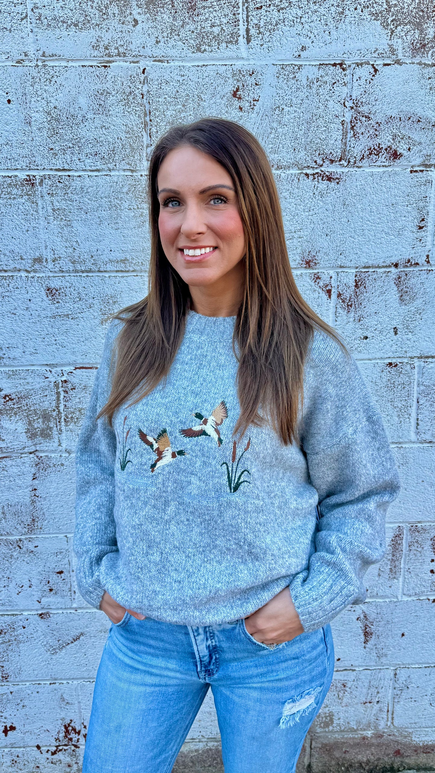 Embroidered Duck Sweater - Grey