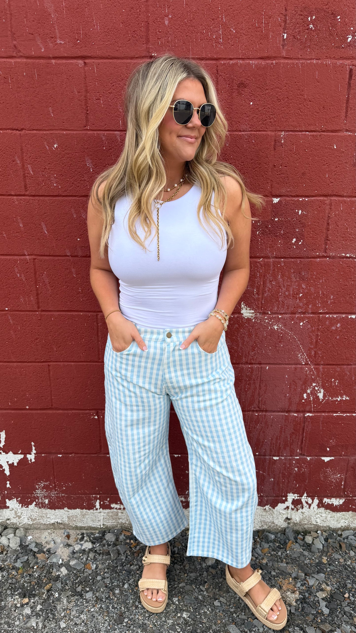 Baby Blue Gingham Barrel Pants