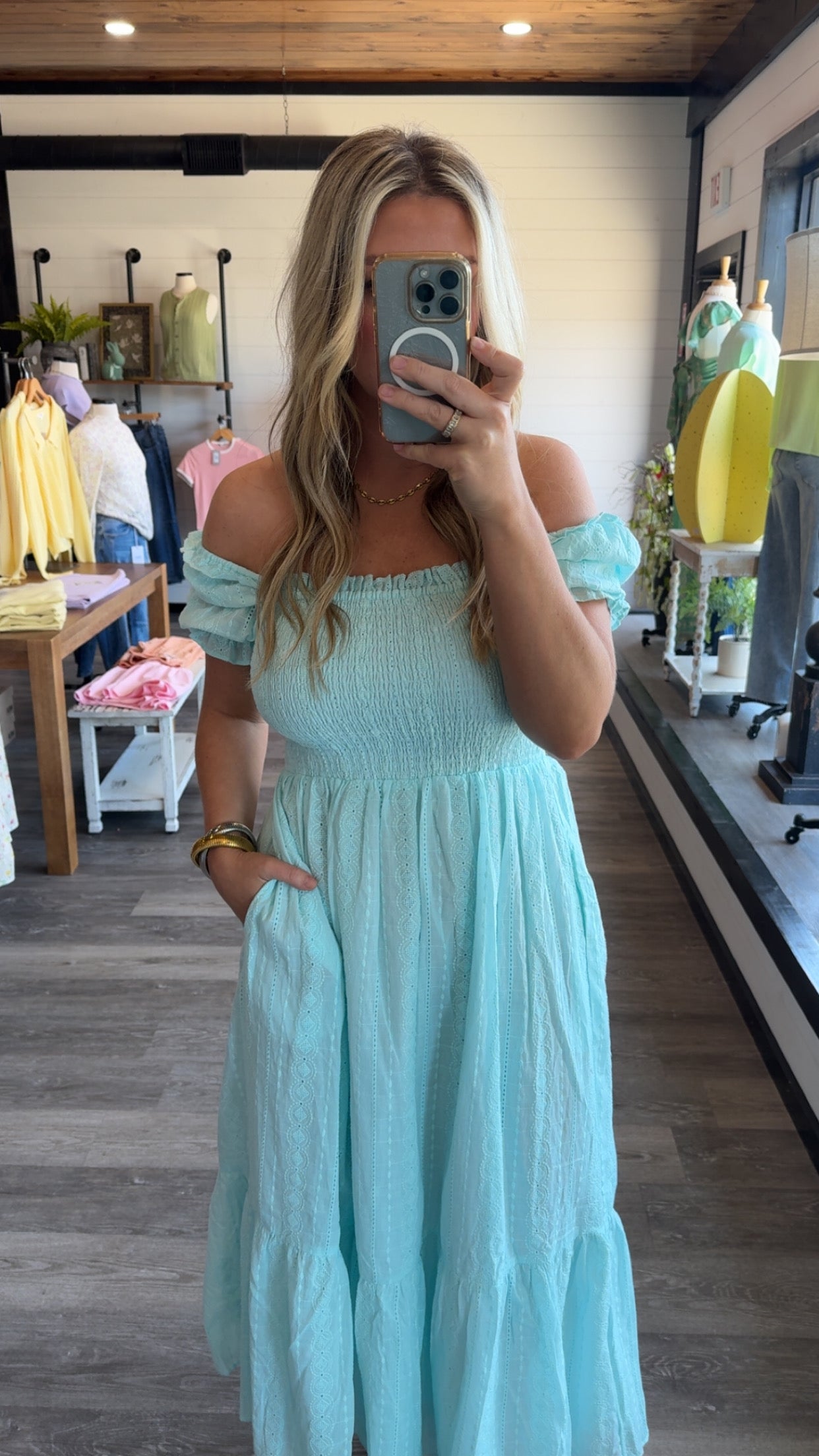 Smocked Eyelet Lace Maxi Dress - Blue