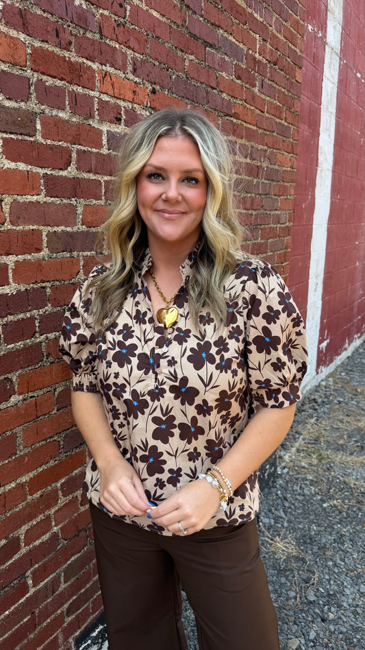 Flower Print Pleated V Neck Blouse