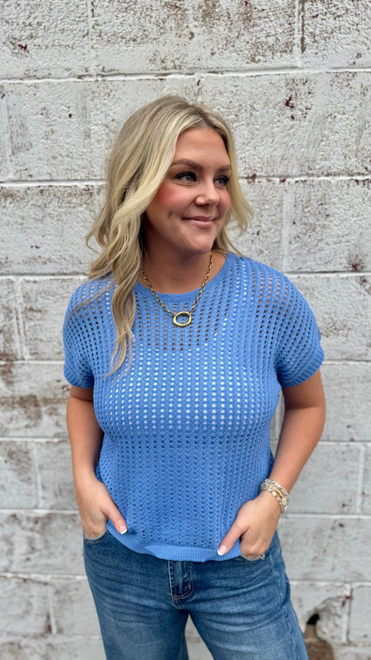 Hollow Crochet Top - Blue