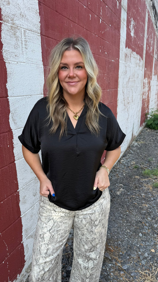 Black Satin V Neck Top