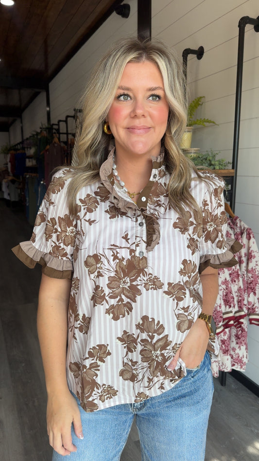 Brown Floral Print Top with Ruffle Detailing
