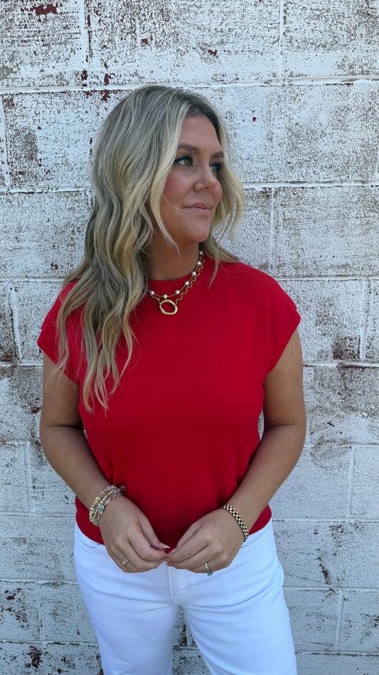 Boxy Capped Sleeve Top - Red