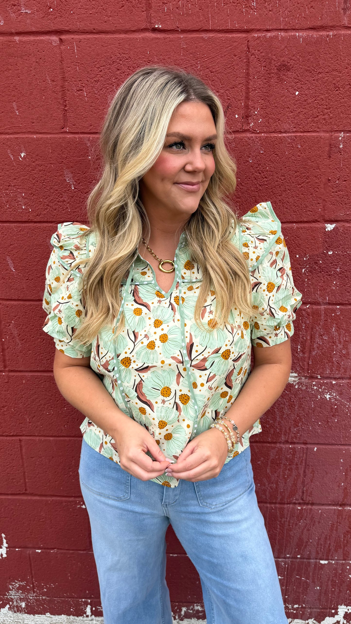 Mint Floral Puff Sleeve Top