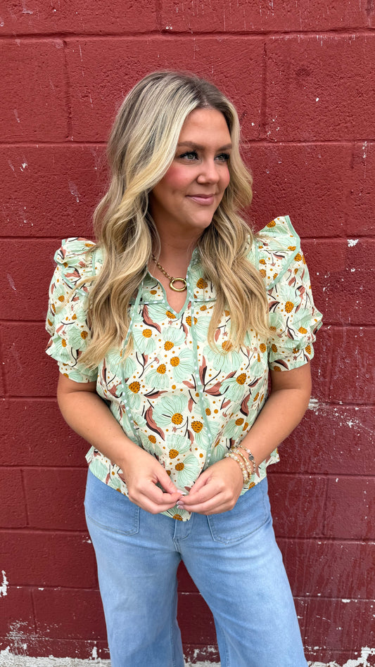 Mint Floral Puff Sleeve Top