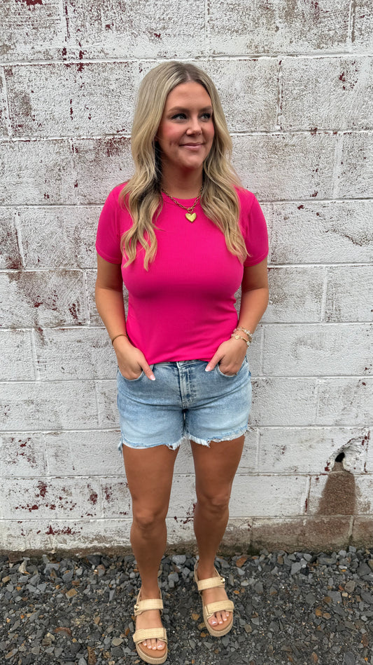 Robbie Ribbed Basic Tee - Hot Pink