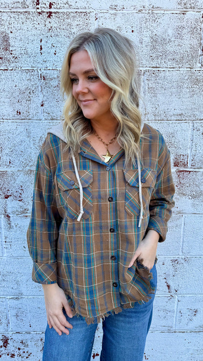 Plaid Hooded Flannel - Brown