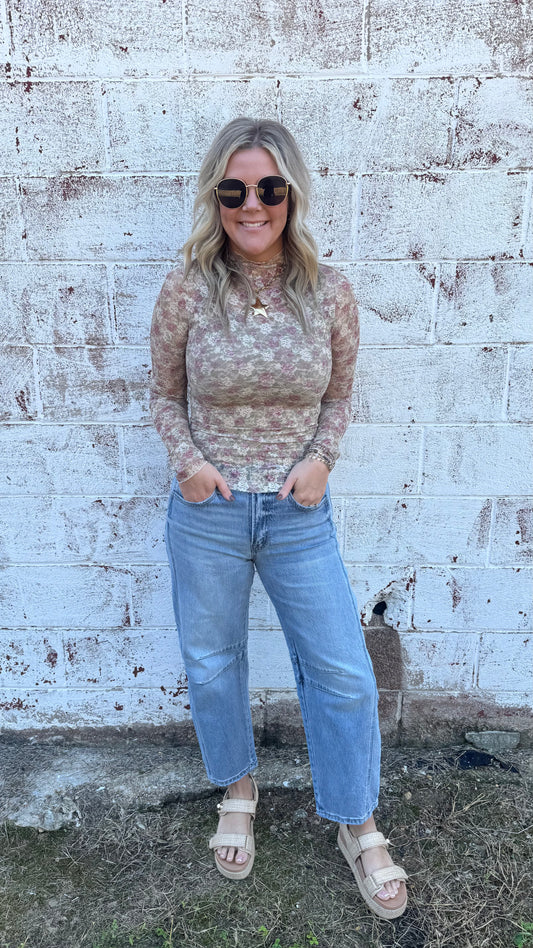 Beige Floral Mesh Top