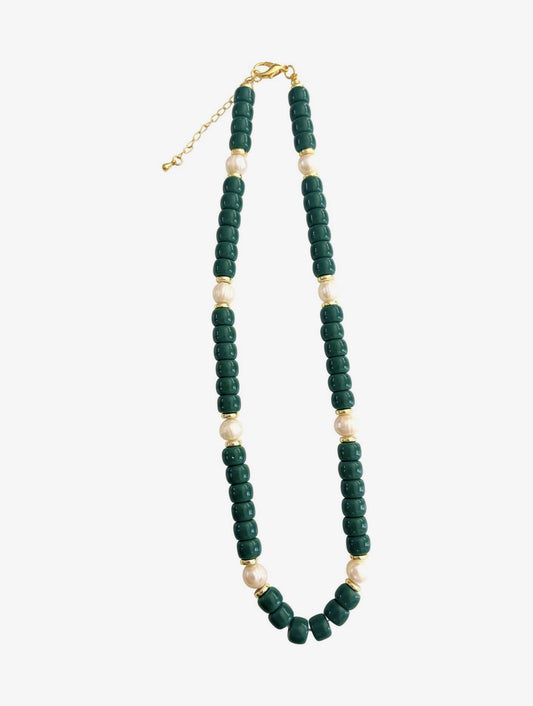 Victory Beaded Pearl Necklace - Forst Green