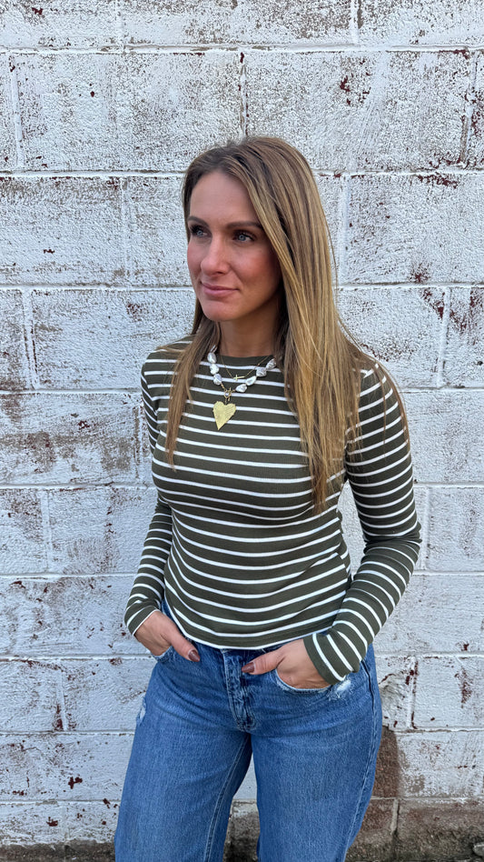 Kelli Long Sleeve Top - Olive/White