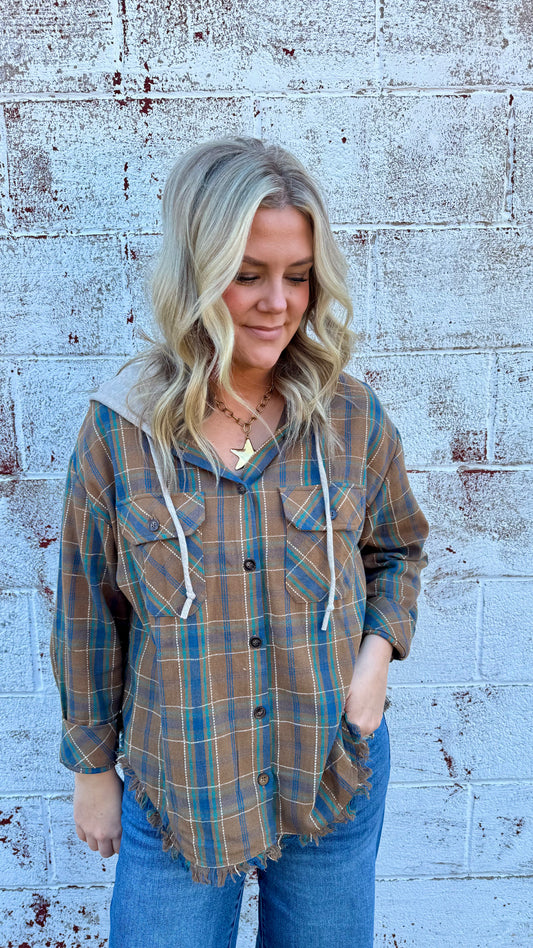Plaid Hooded Flannel - Brown