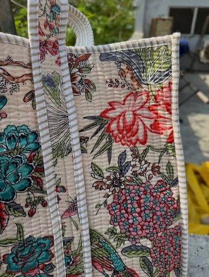 Cream Floral/Bird Quilted Tote