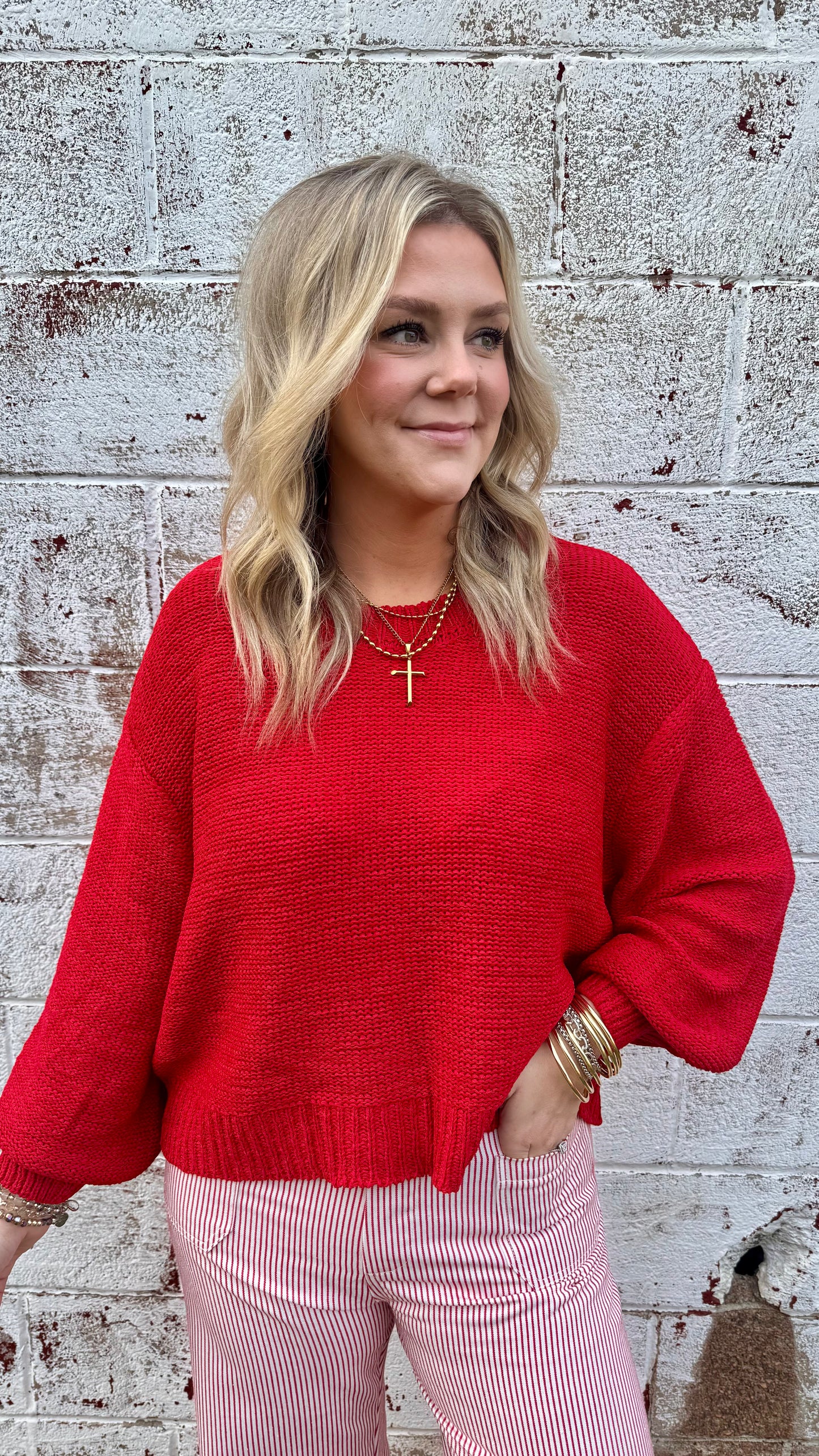 Bella Balloon Sleeve Sweater - Red
