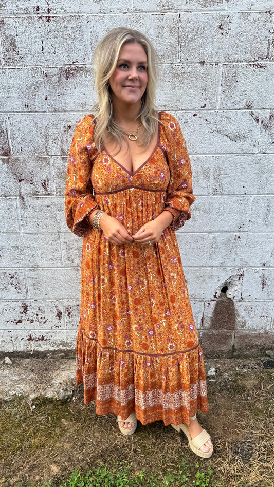 Pumpkin Spice Piped Border Maxi Dress