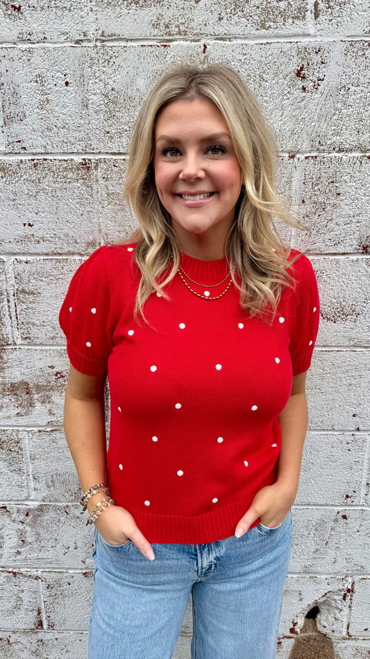 Polly Polka Dot Short Sleeve Sweater - Red