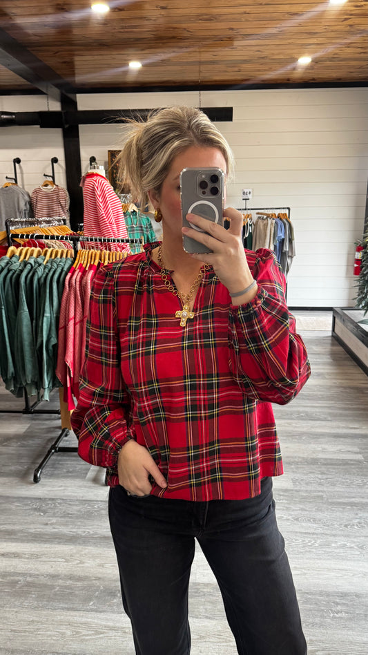 Christmas Plaid Balloon Sleeve Top