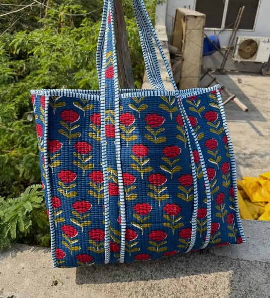 Blue Floral Quilted Tote