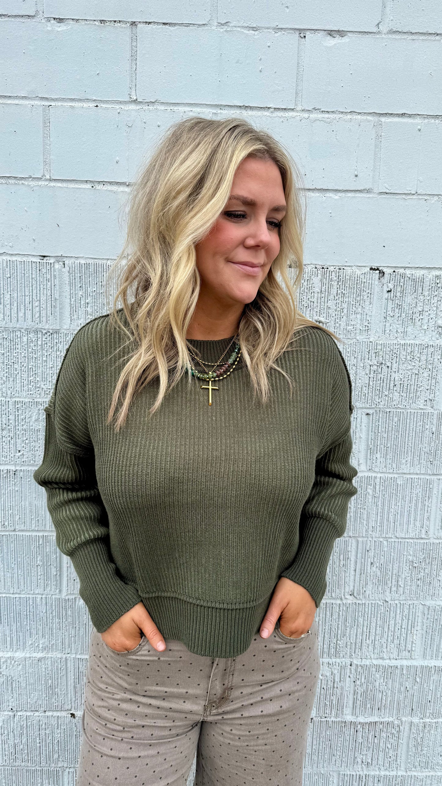 Trish Two Tone Ribbed Sweater - Olive