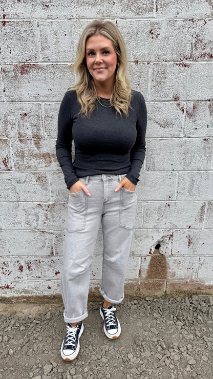 Grey Mid Rise Barrel Jeans