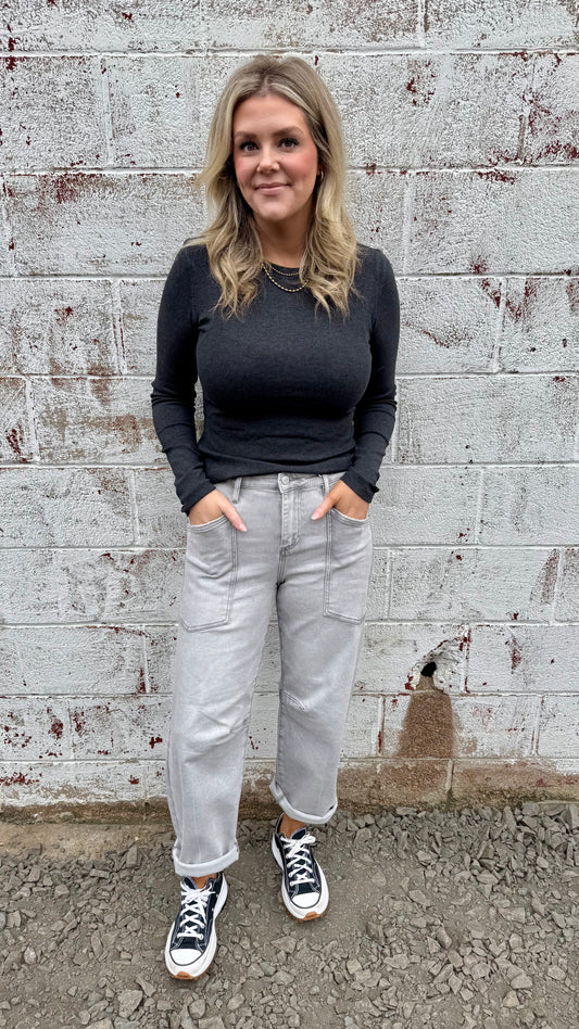 Grey Mid Rise Barrel Jeans